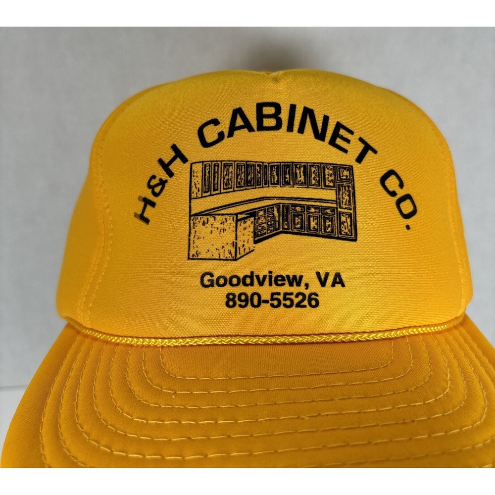 Vintage H & H Cabinet Co Trucker Hat‎ Mens OSFA Yellow 90s Snapback Mesh Cap